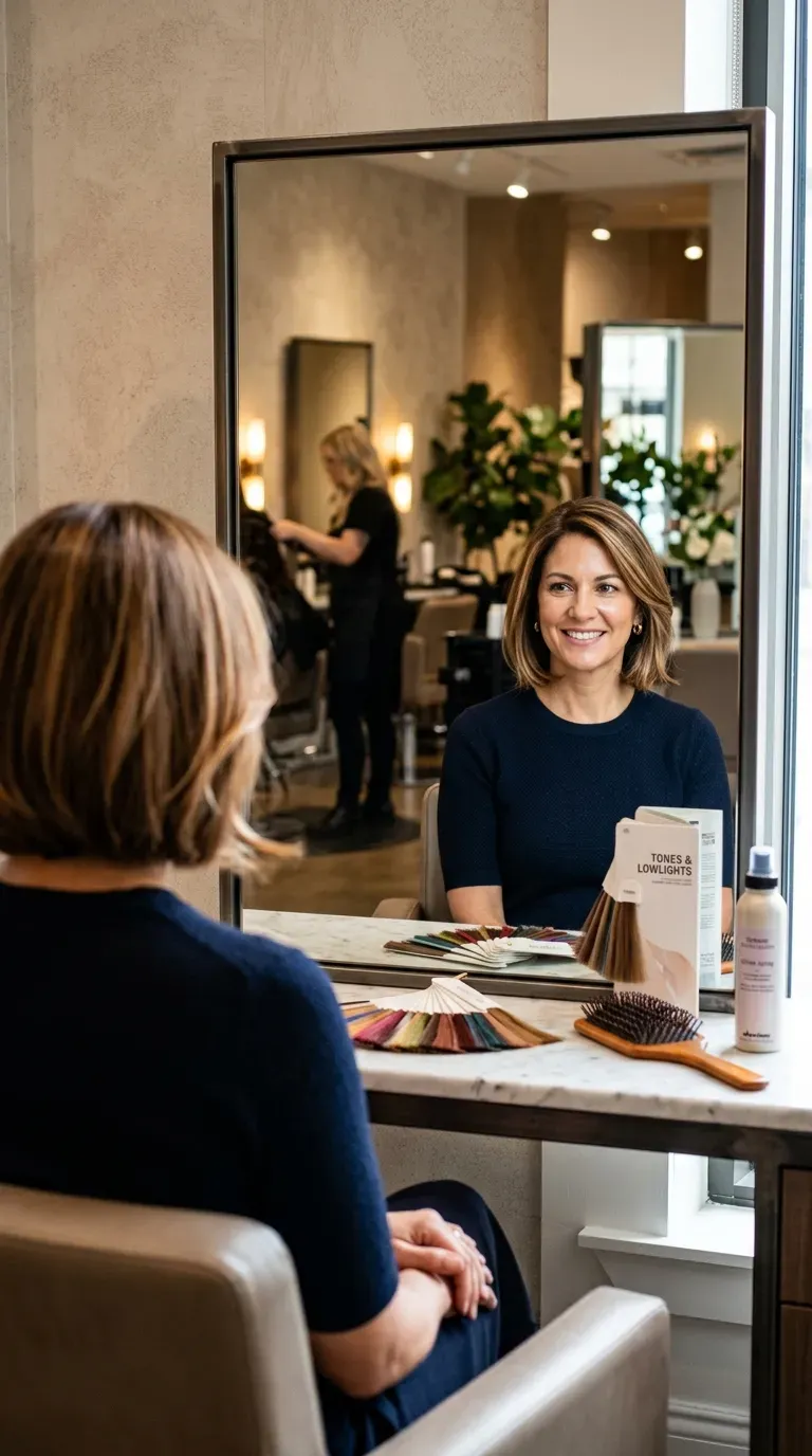Bob haircut with subtle lowlights on woman with thin fine hair