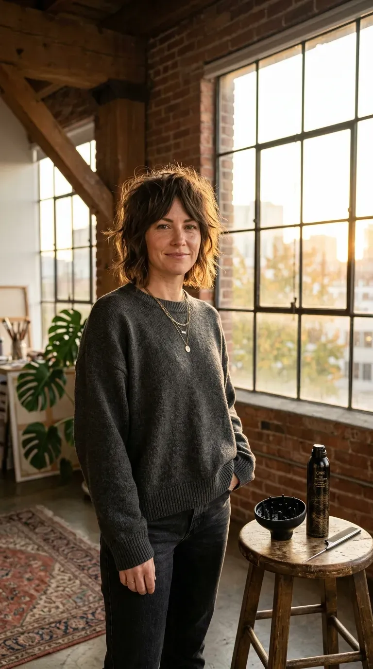 Wolf-inspired bob haircut with textured spiky layers on woman with thin fine hair
