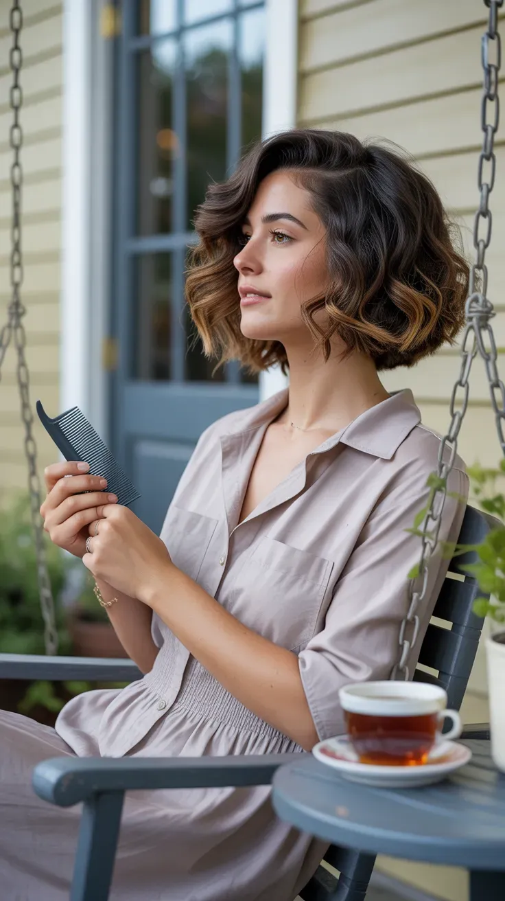 Bob haircut styled with natural air-dry waves on woman with fine flat hair