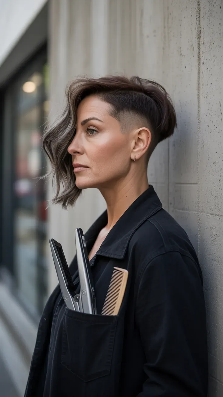Asymmetrical crop haircut on woman with fine flat hair