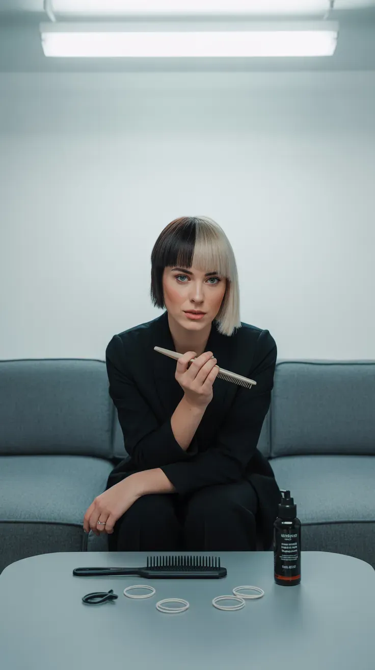 Short crop haircut with blunt ends and a deep side part on woman with fine flat hair
