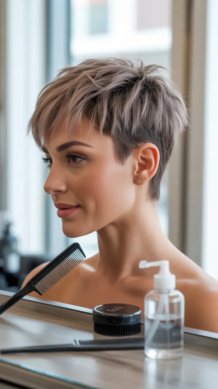 Choppy textured crop haircut on woman with fine flat hair