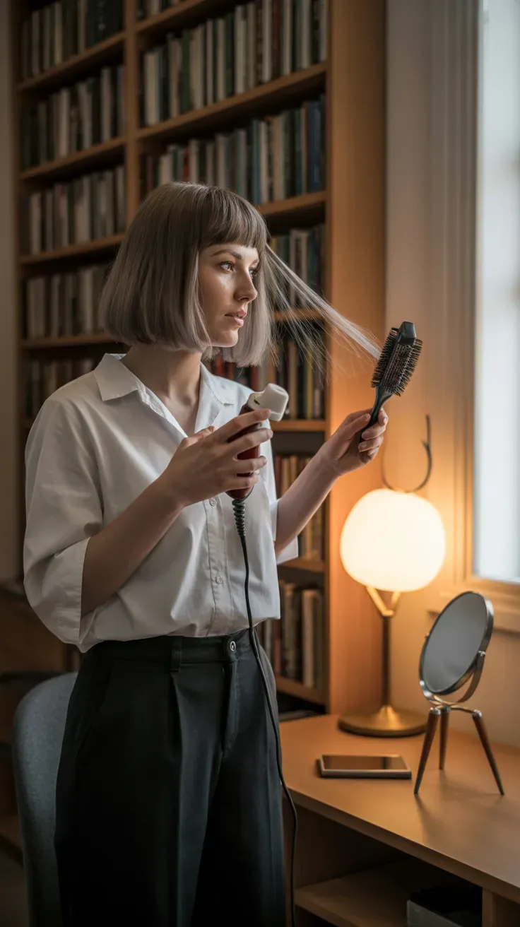 Bob haircut with wispy curtain bangs on woman with fine flat hair