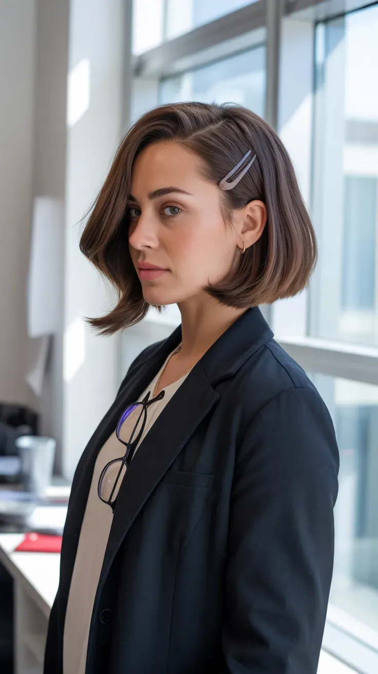 Bob haircut with a deep side part on woman with fine flat hair