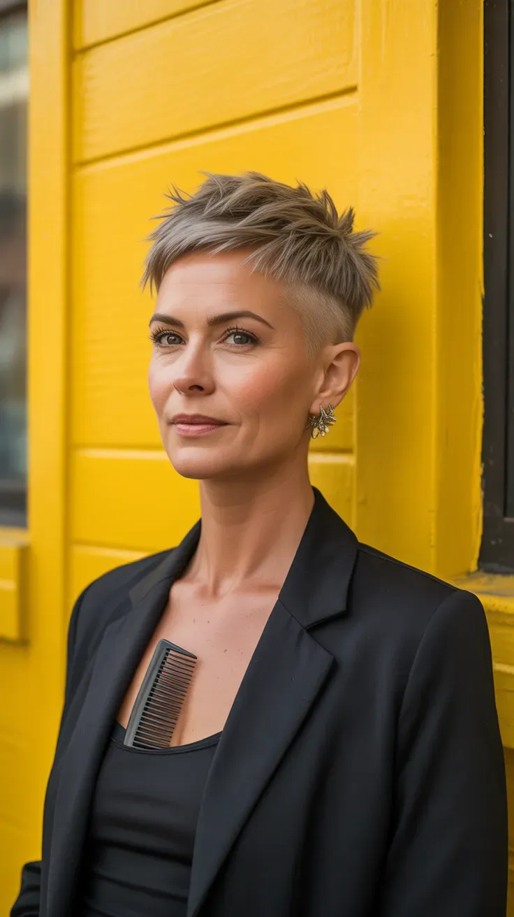 Ear-length pixie crop haircut on woman with fine flat hair