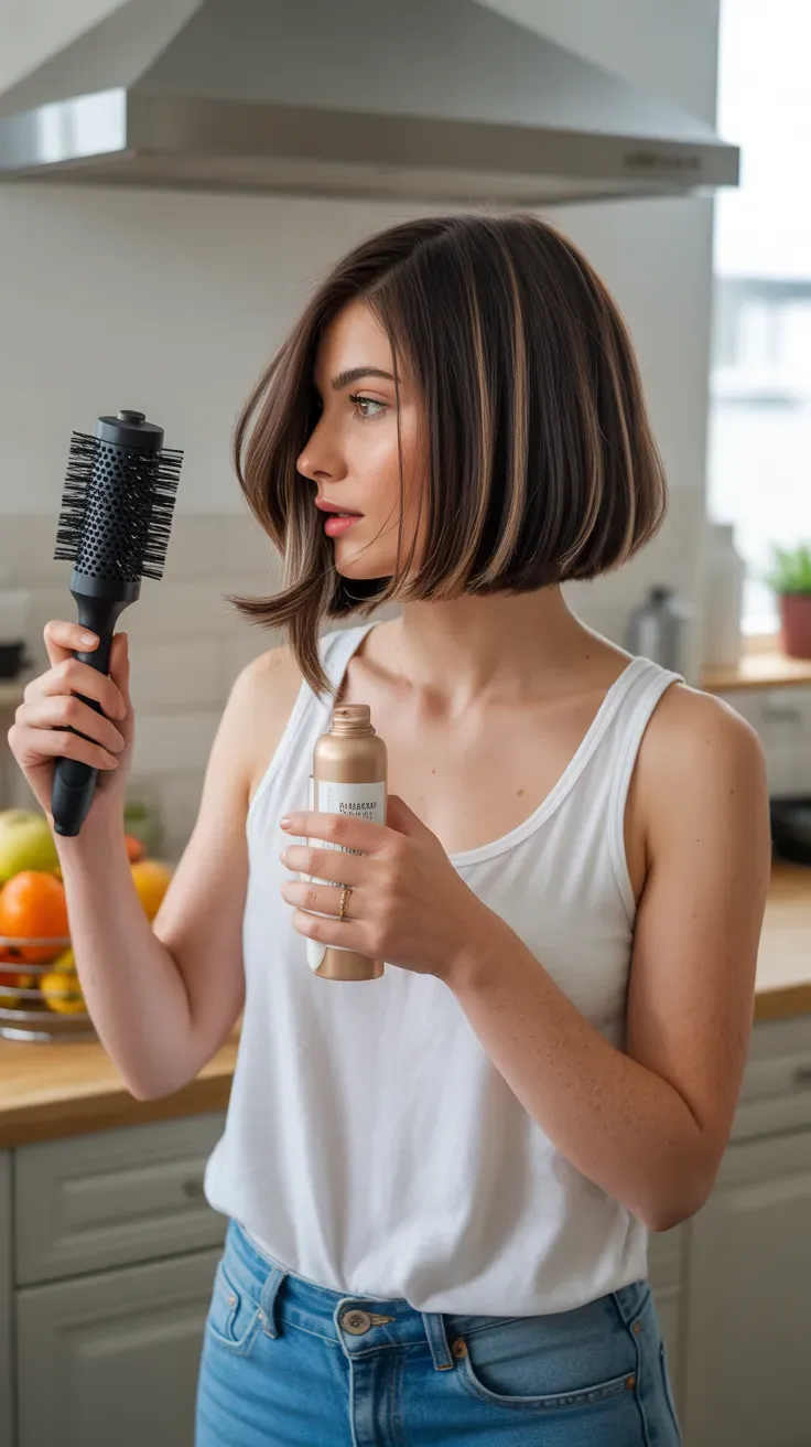 Bob haircut with face-slimming layers on woman with fine flat hair