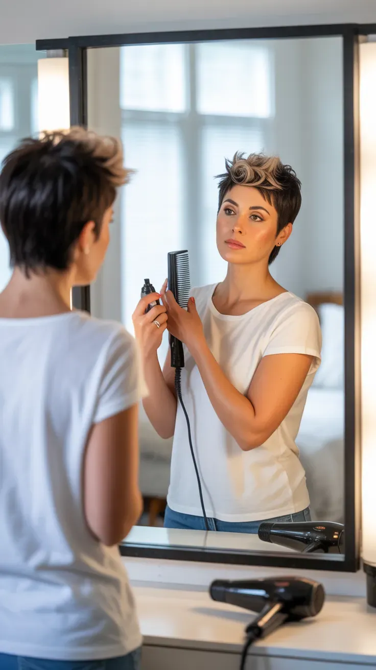 Long pixie haircut with a textured top section on woman with fine flat hair