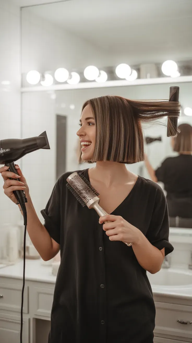 Bob haircut styled with a root volume blowout on woman with fine flat hair