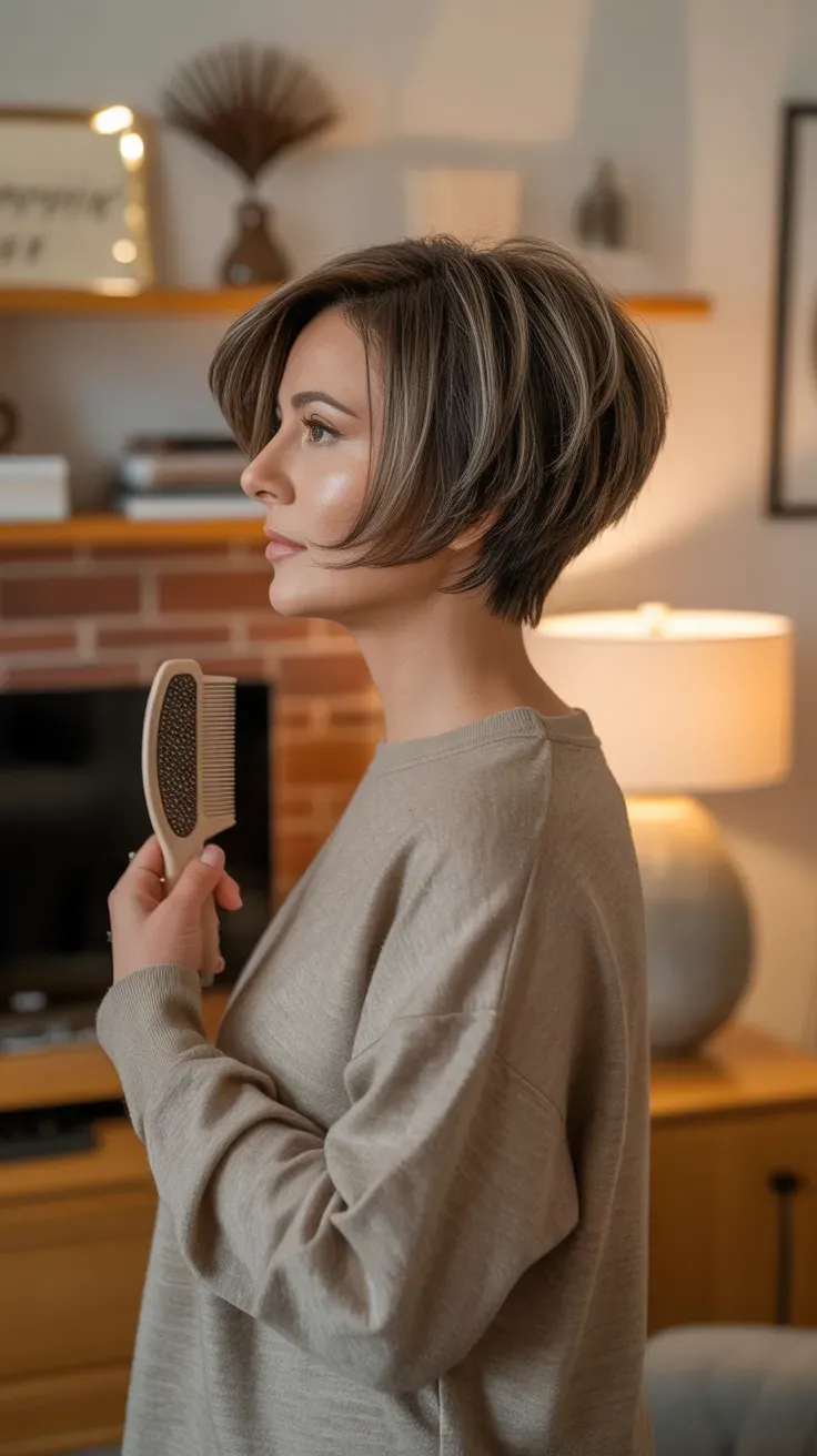 Rounded crop haircut on woman with fine flat hair