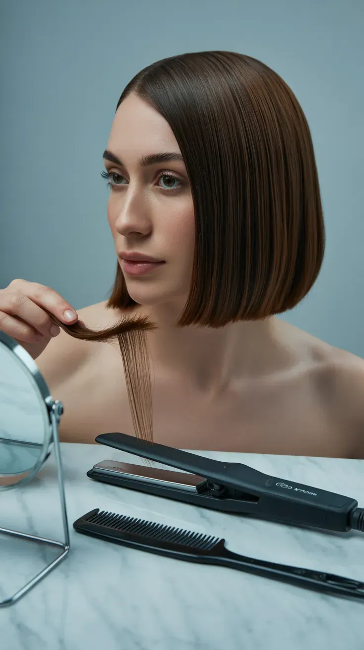 Sleek straight bob haircut on woman with fine flat hair