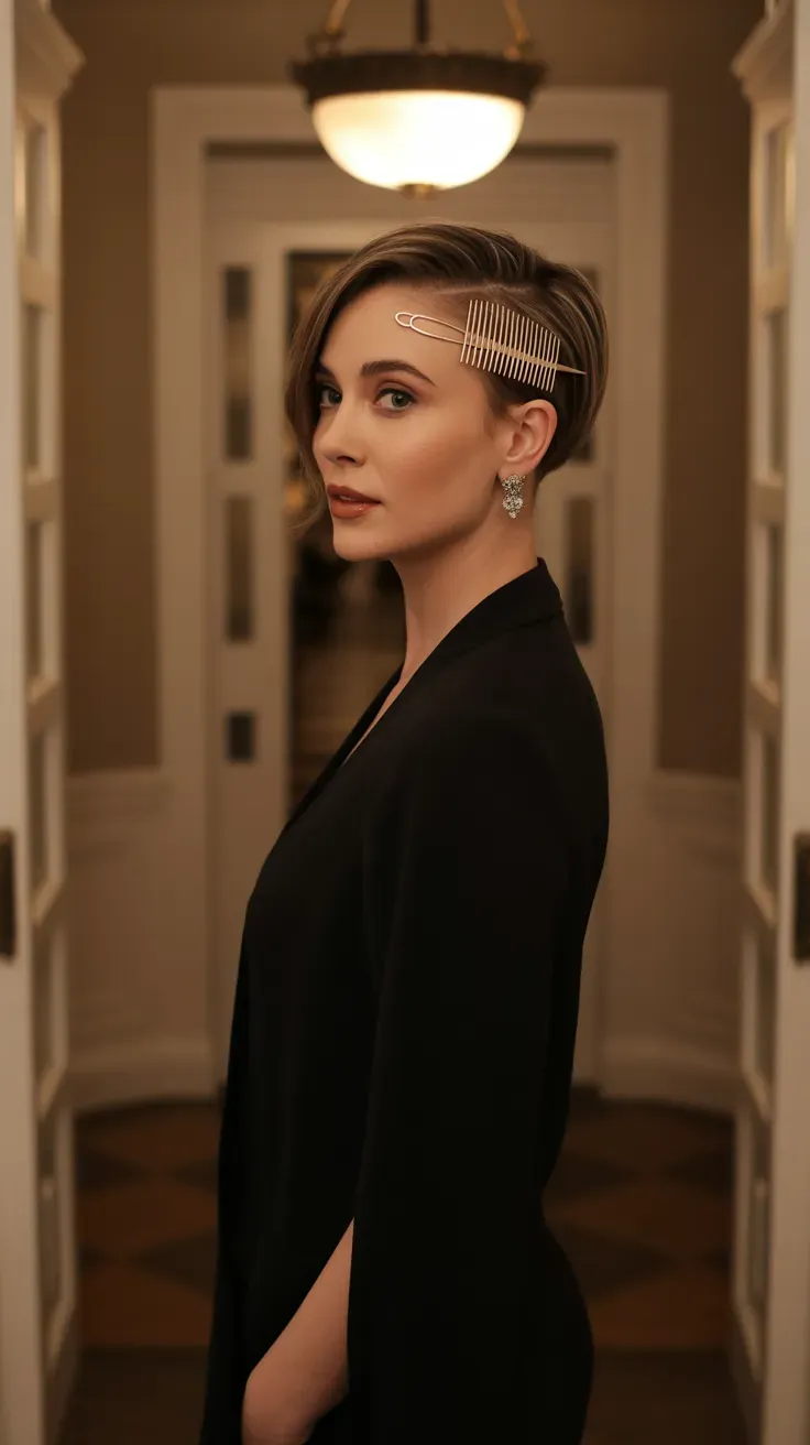 Short crop haircut styled with extra height for a special occasion on woman with fine flat hair