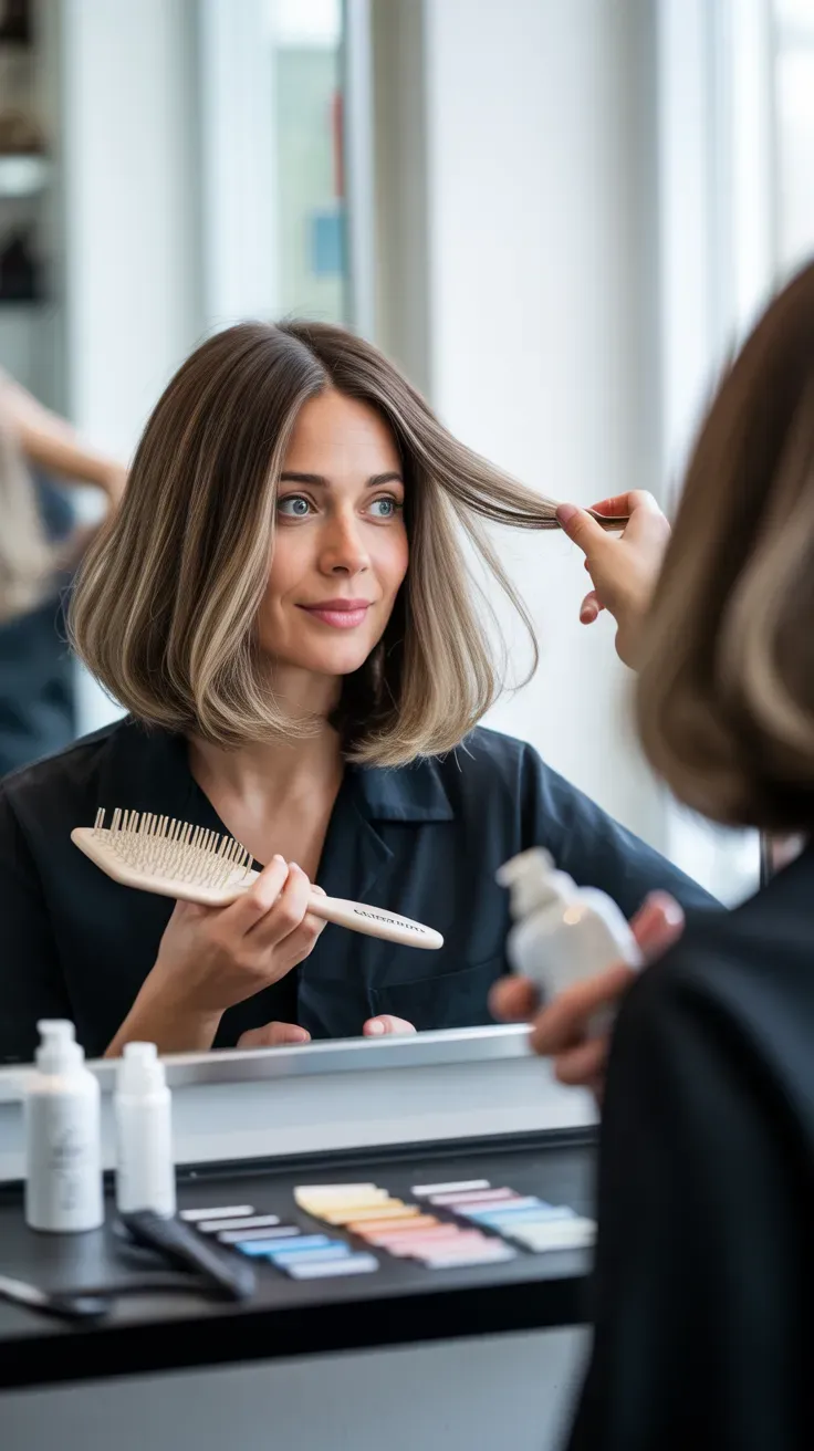 Bob haircut with subtle highlights on woman with fine flat hair