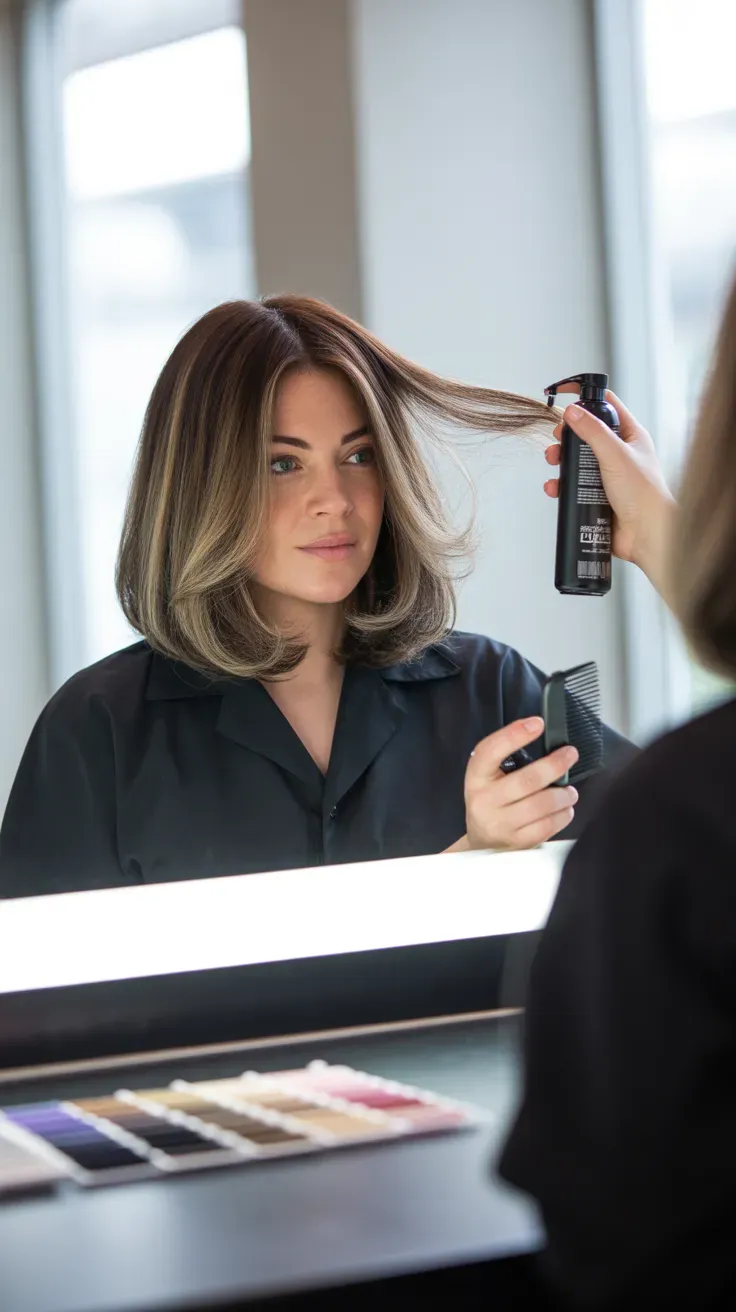 Bob haircut with subtle lowlights on woman with fine flat hair