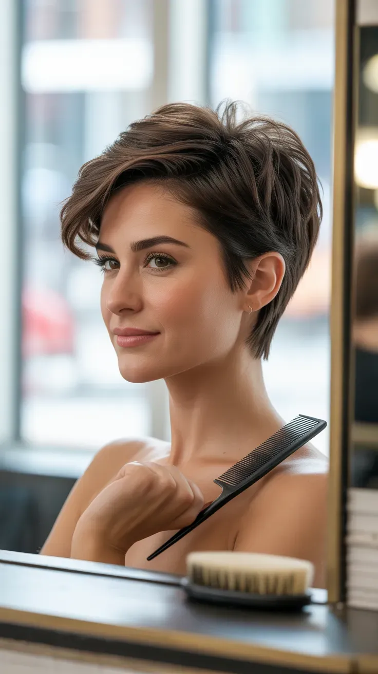 Woman with fine flat hair wearing a classic volumizing pixie haircut
