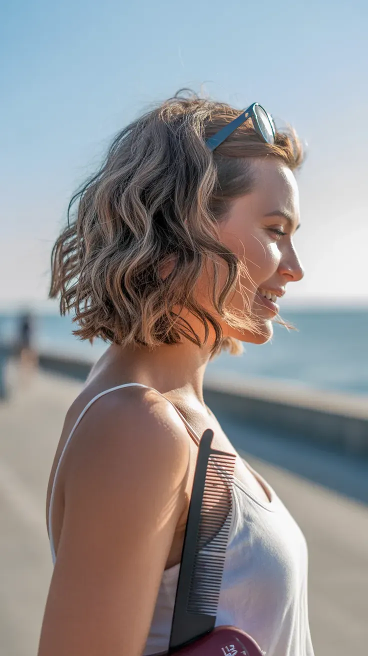 Wavy textured lob haircut on woman with fine flat hair