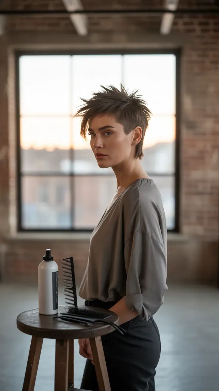 Wolf-inspired crop haircut with textured spiky layers on woman with fine flat hair