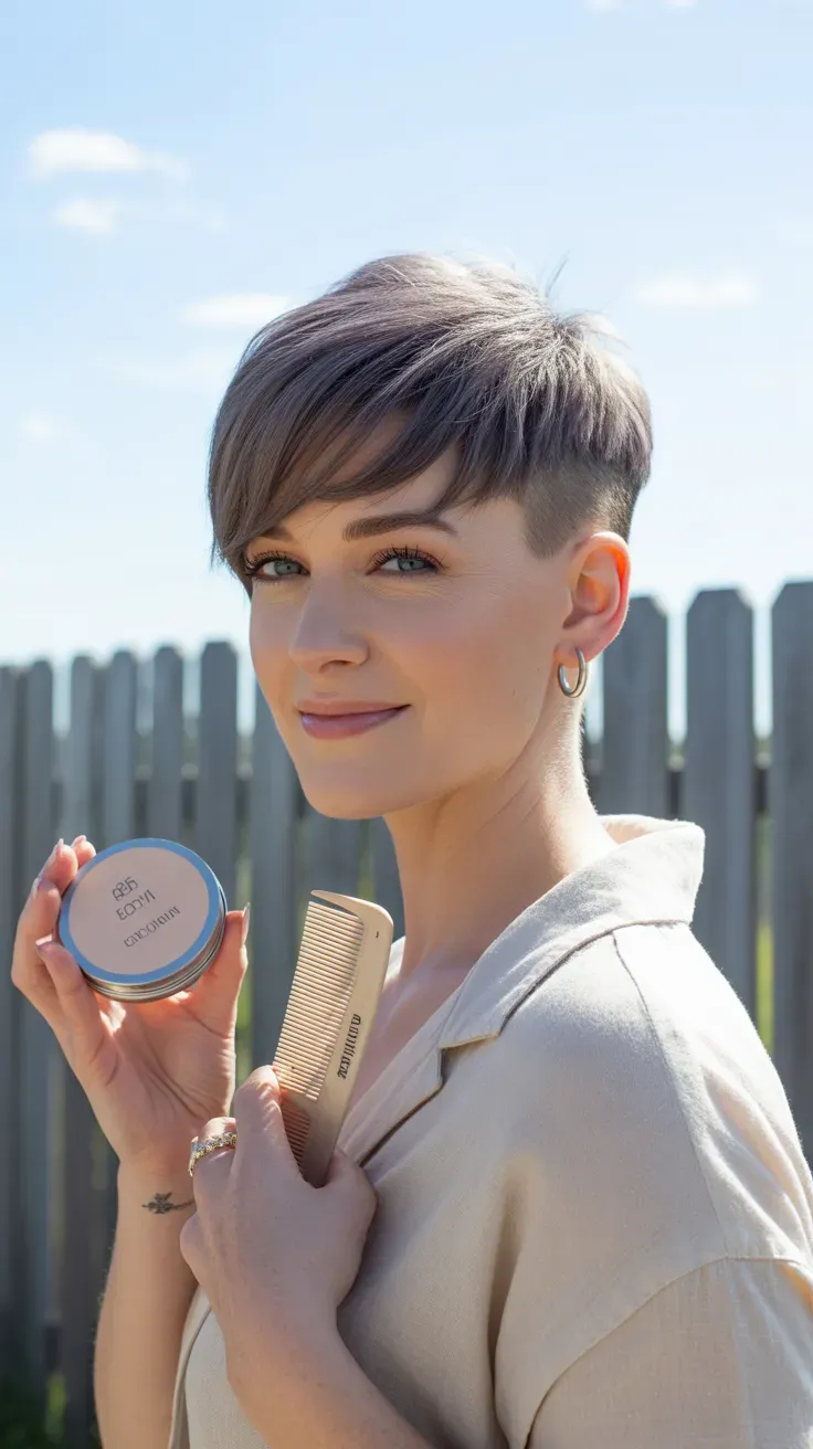 Woman with a short layered crop styled with soft lifted texture