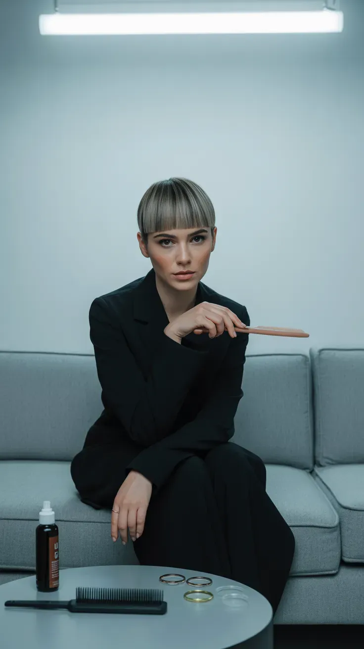 Blunt-ended layered crop haircut with cropped length