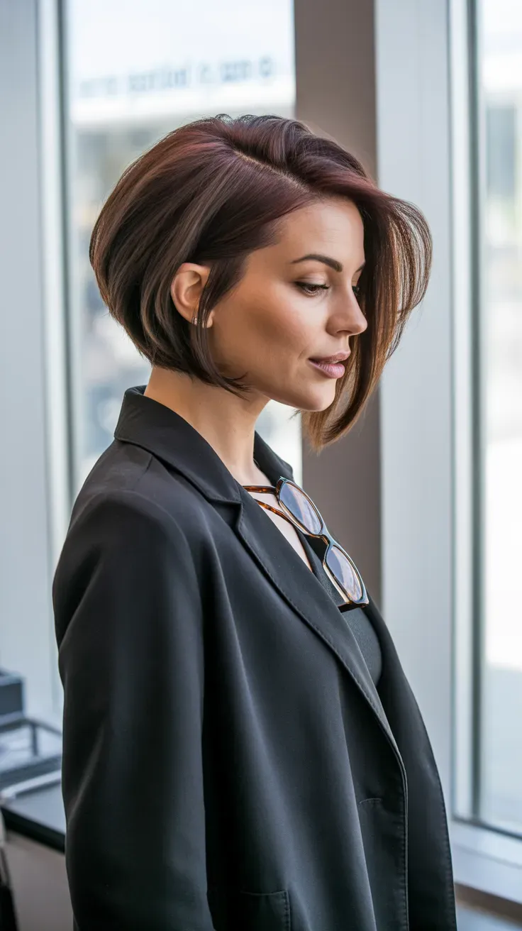 Short layered crop haircut with a deep side part