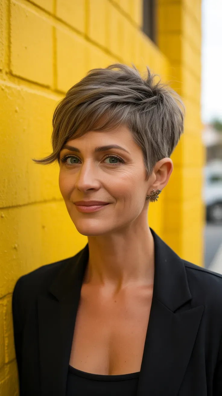 Ear-length layered pixie haircut with cropped sides