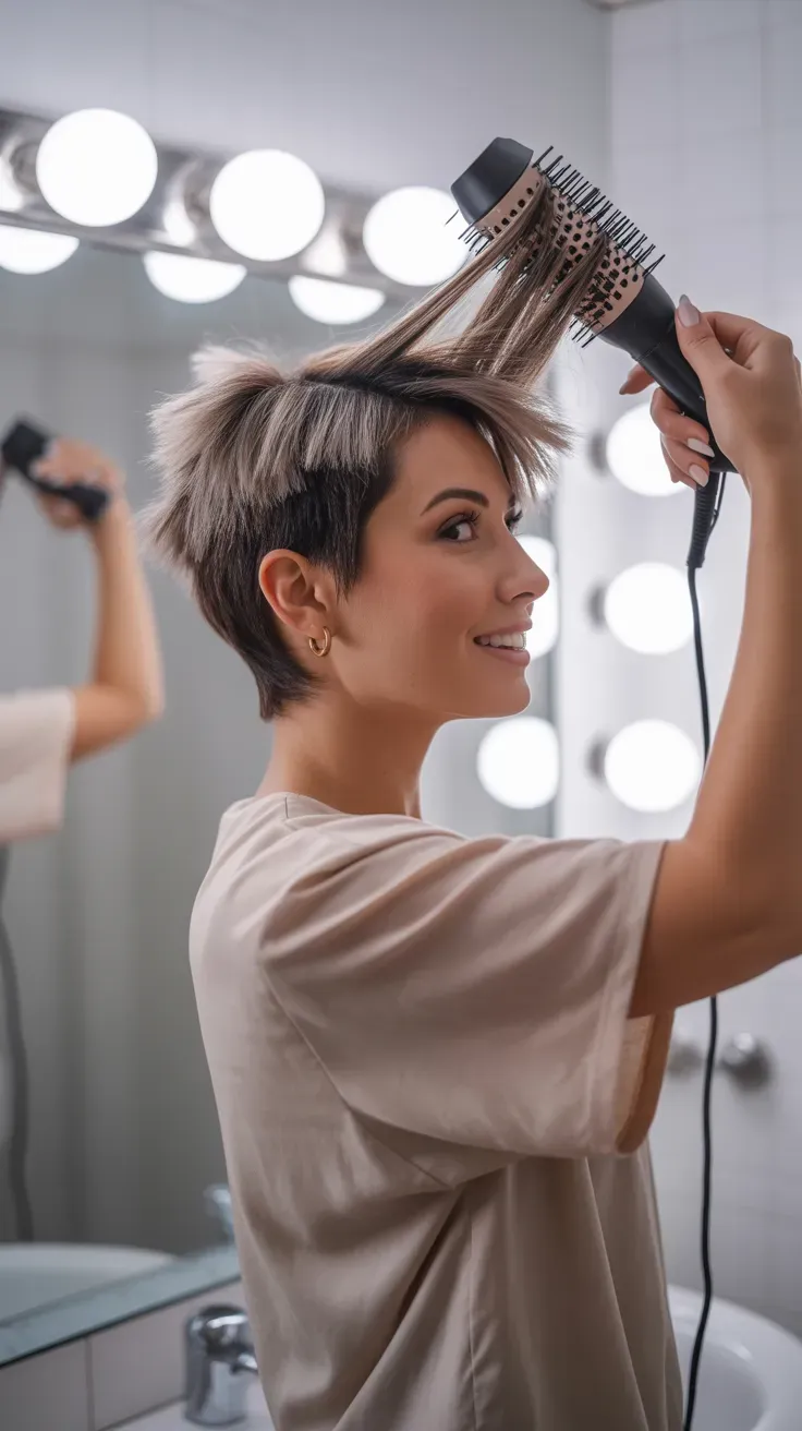 Short layered crop haircut styled with a root volume blowout
