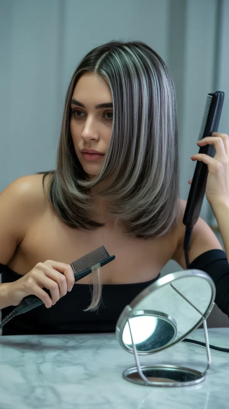 Sleek straight layered crop haircut with polished layers