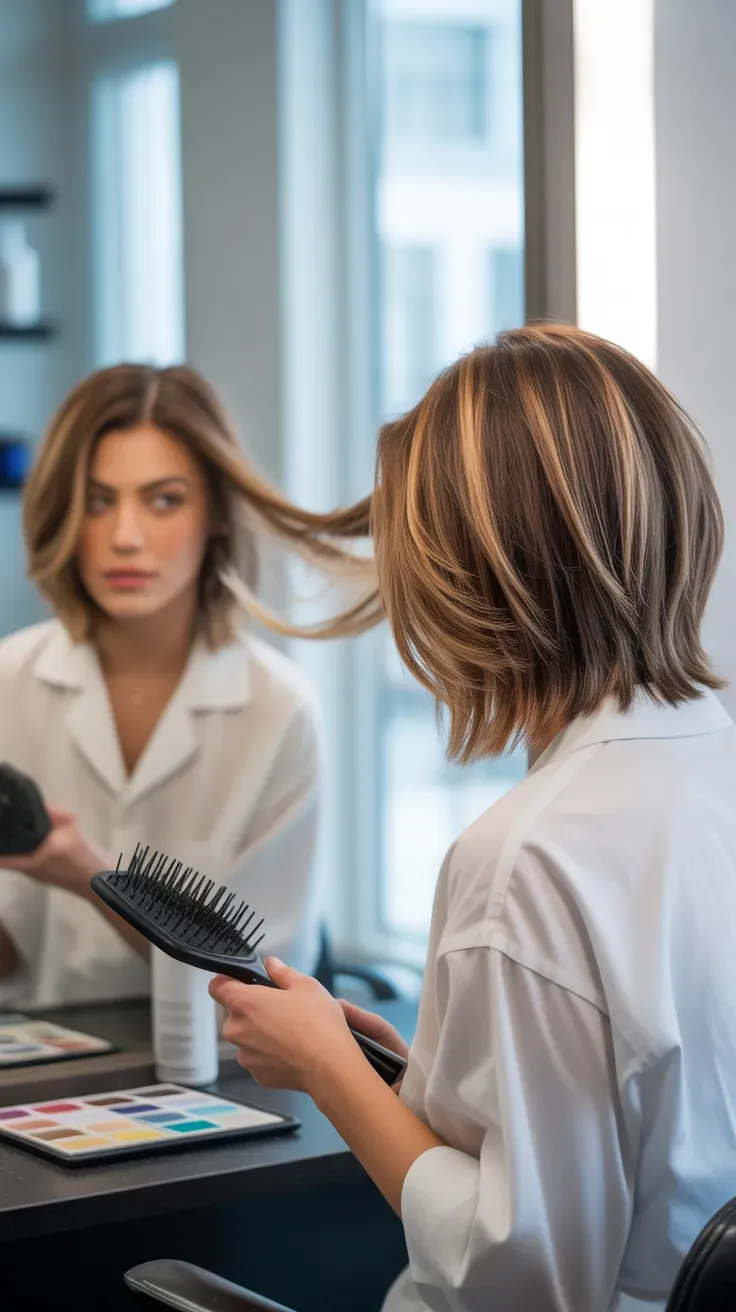 Short layered crop haircut with subtle highlights for dimension