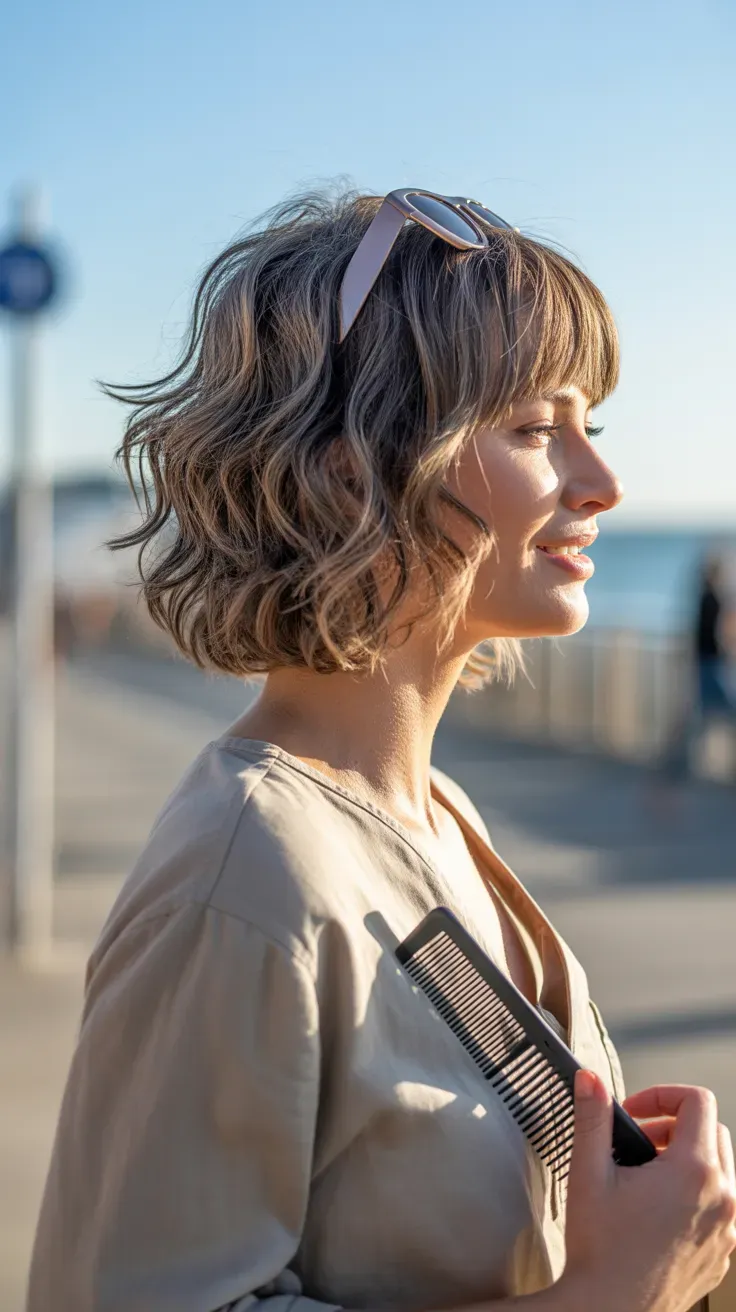 Tousled beach-style short layered haircut with wavy texture