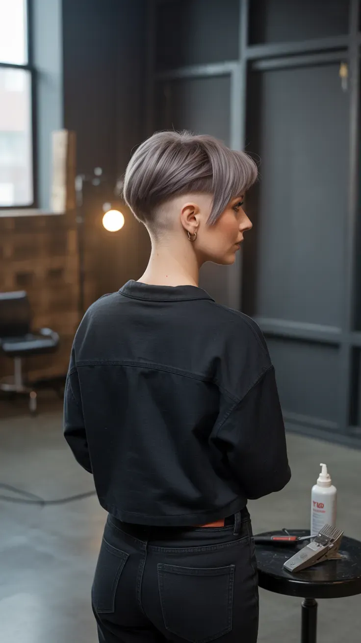 Layered undercut crop haircut with shaved nape detail