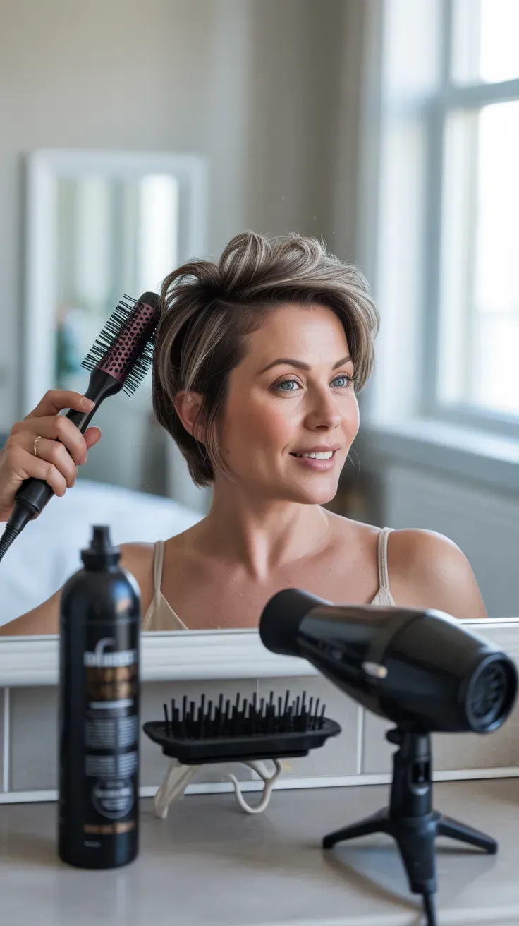 Short layered haircut with lifted volume at the crown
