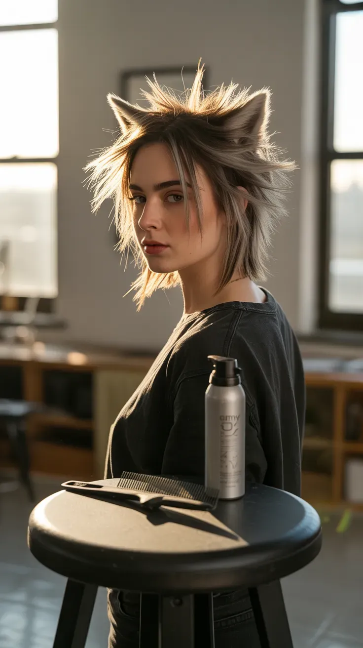 Wolf-inspired layered crop haircut with textured spiky layers