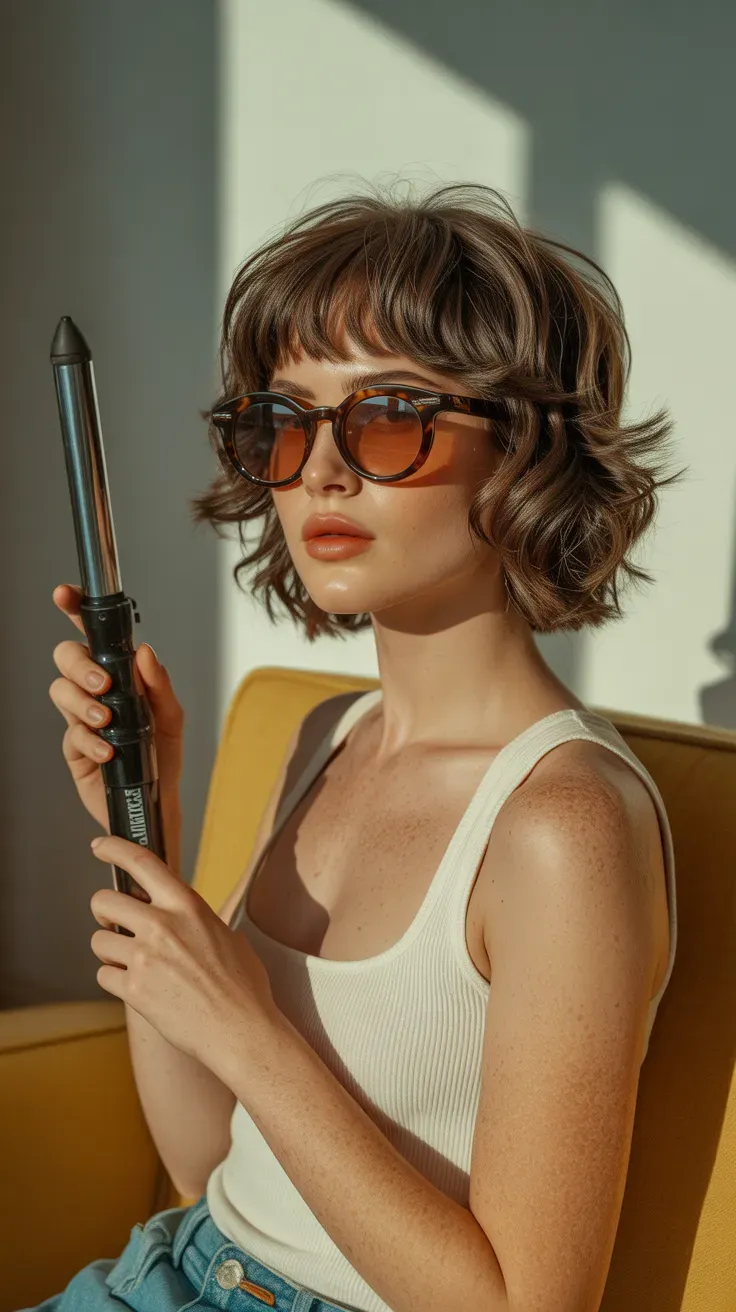 Woman with a short layered shag and wispy bangs styled with texture