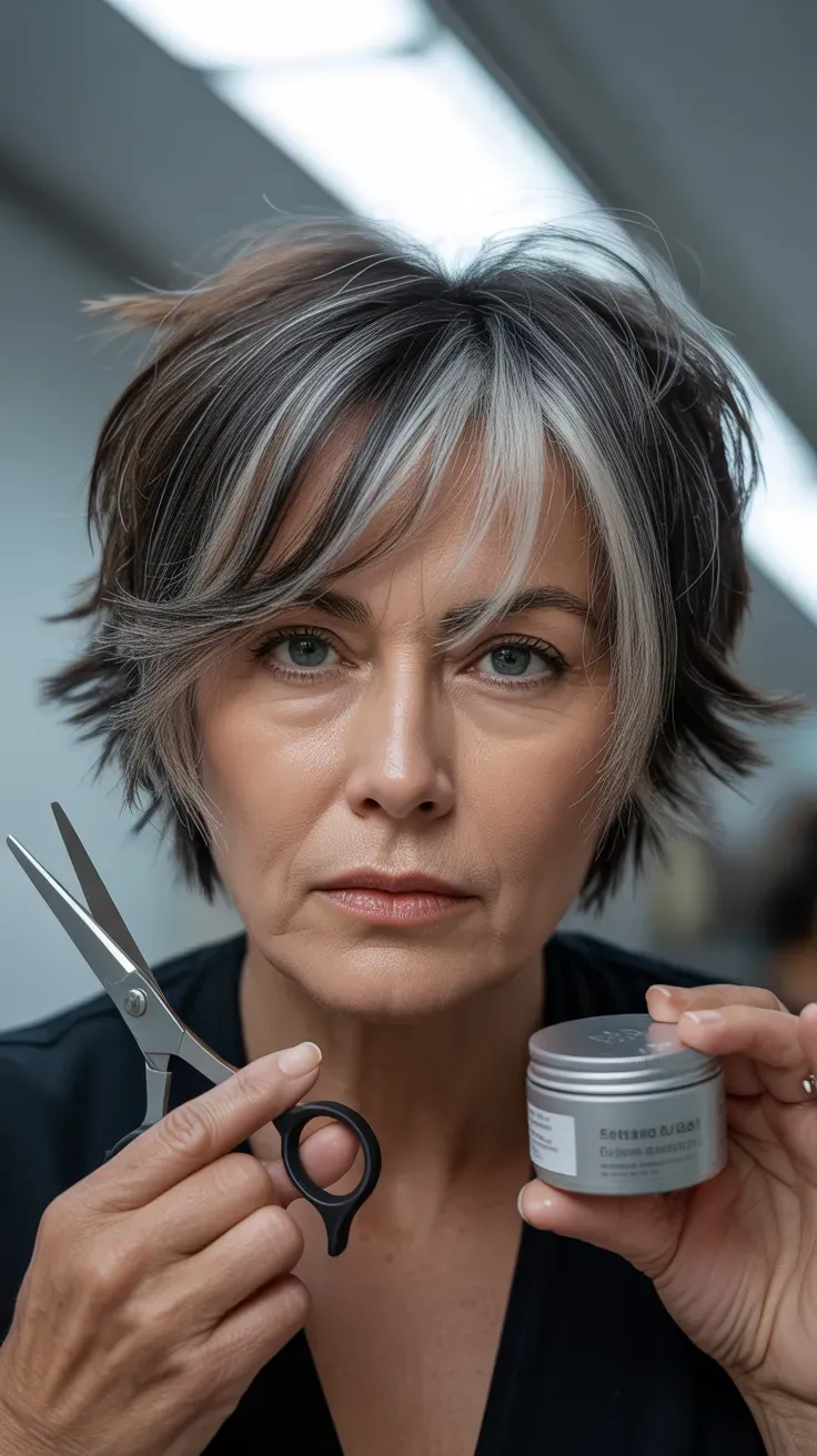 Woman over 50 with a short, heavily layered shag crop