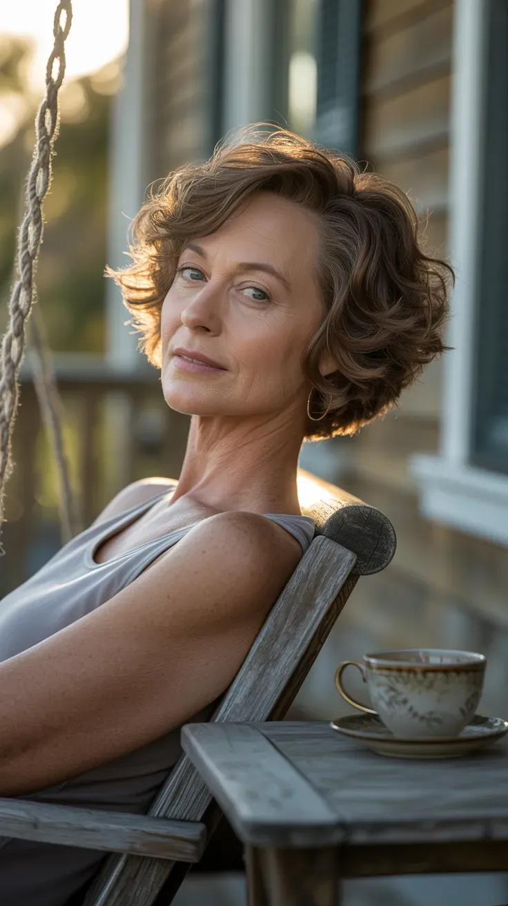 Short shag haircut styled with natural air-dry waves on woman over 50