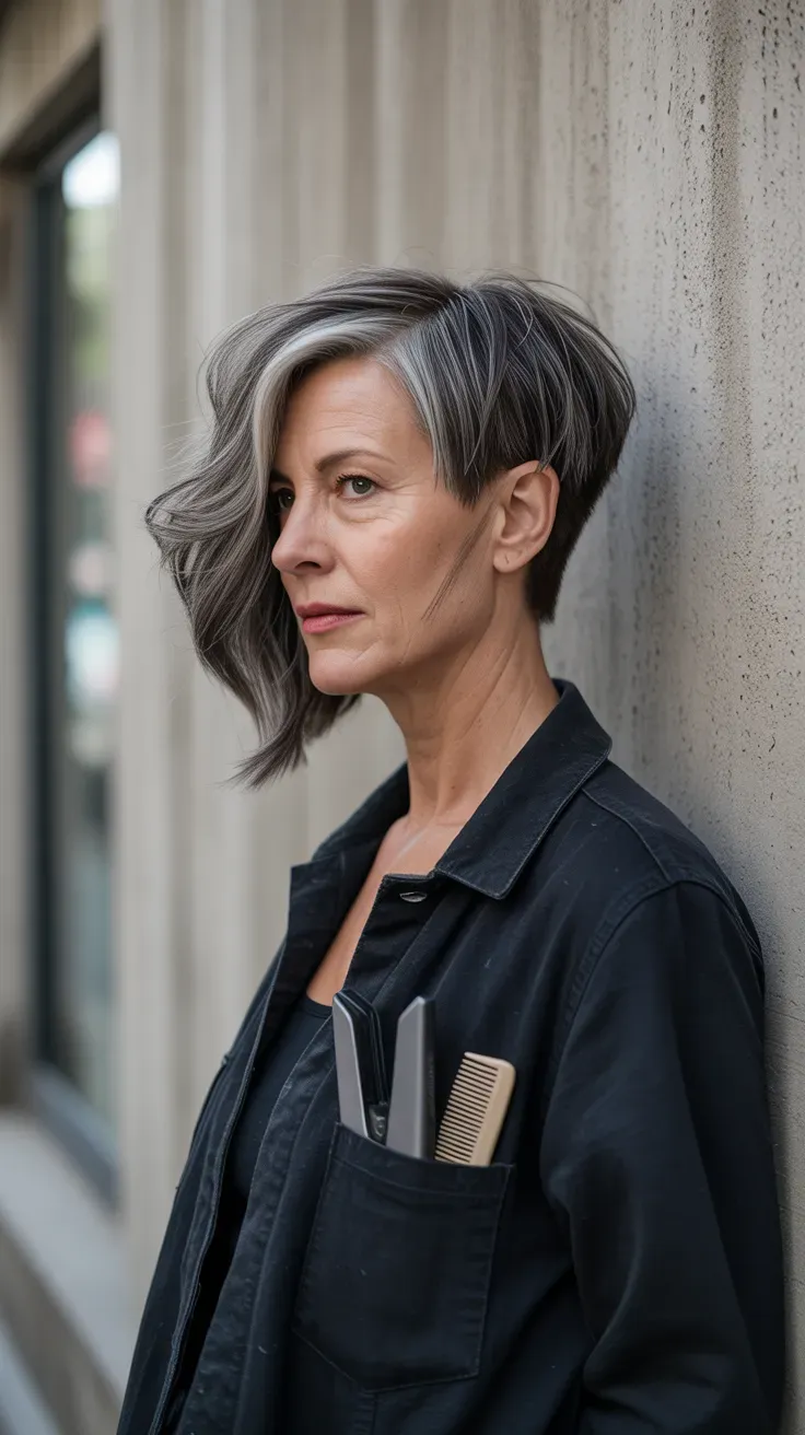 Asymmetrical short shag haircut on woman over 50 with uneven layers