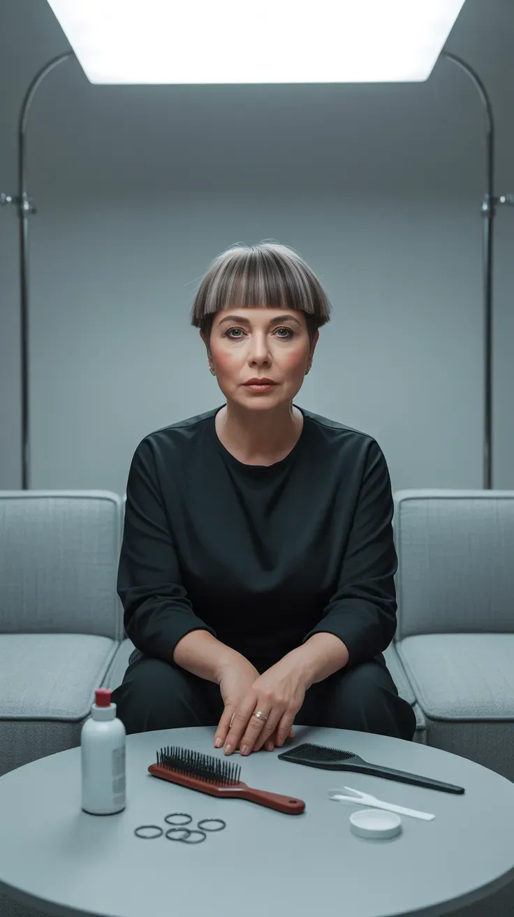 Blunt-ended micro shag haircut on woman over 50 with cropped length