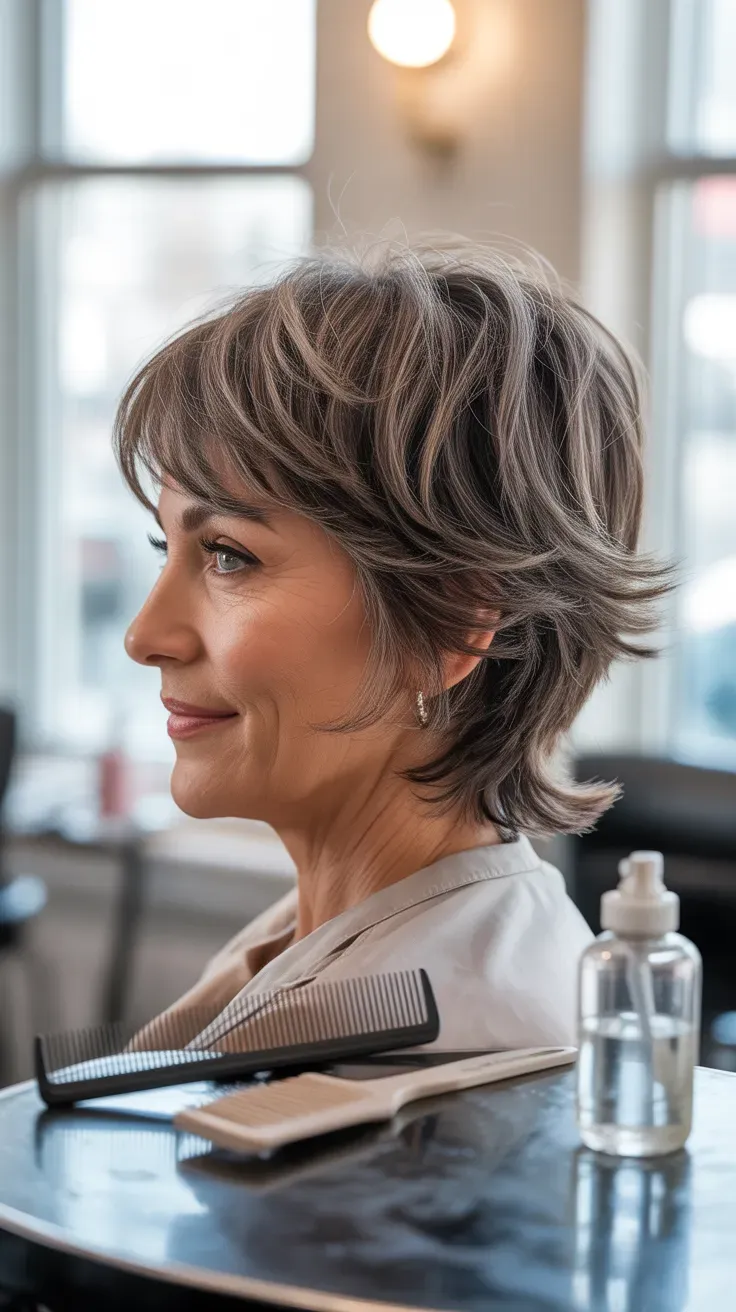 Woman over 50 with a classic choppy short shag haircut and soft layers