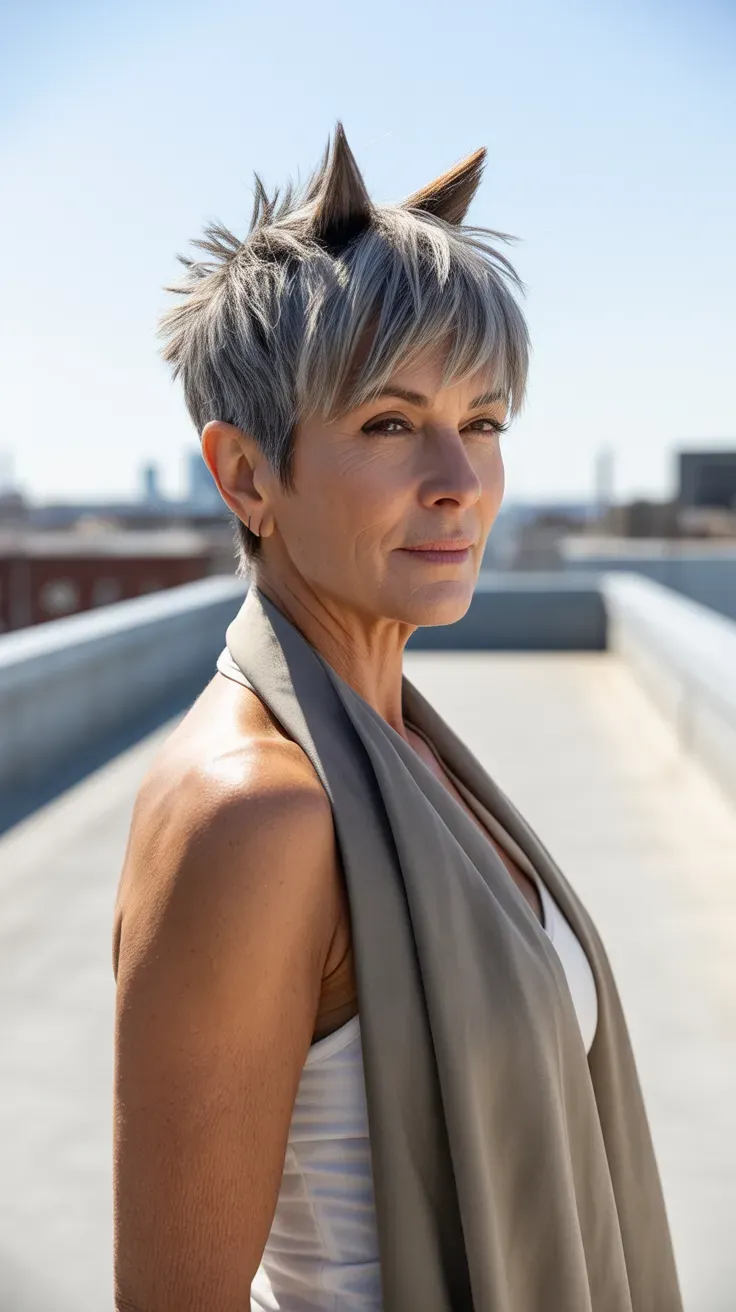 Cropped wolf shag haircut on woman over 50 with shorter overall length