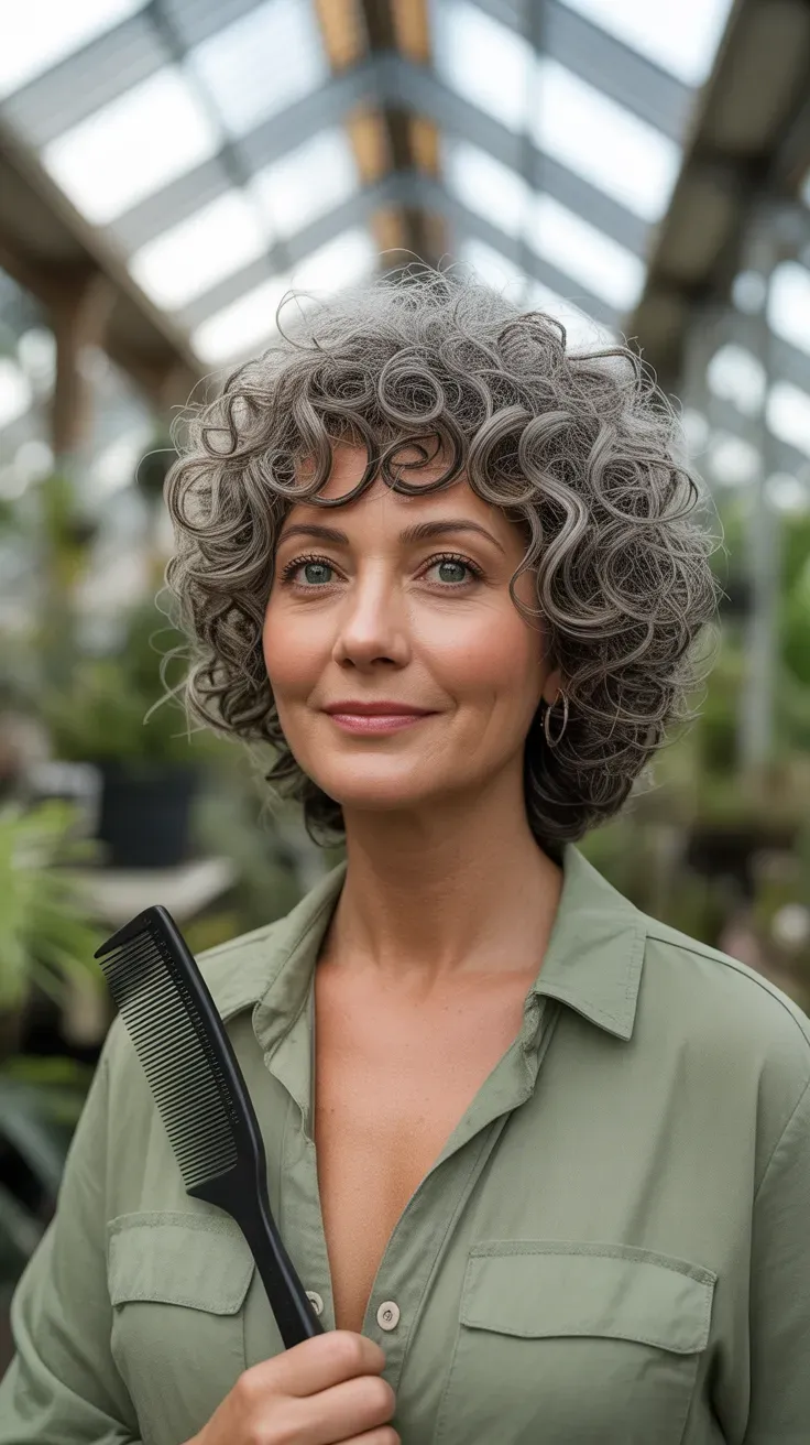 Curly shag bob haircut on a woman over 50 with natural spiral texture