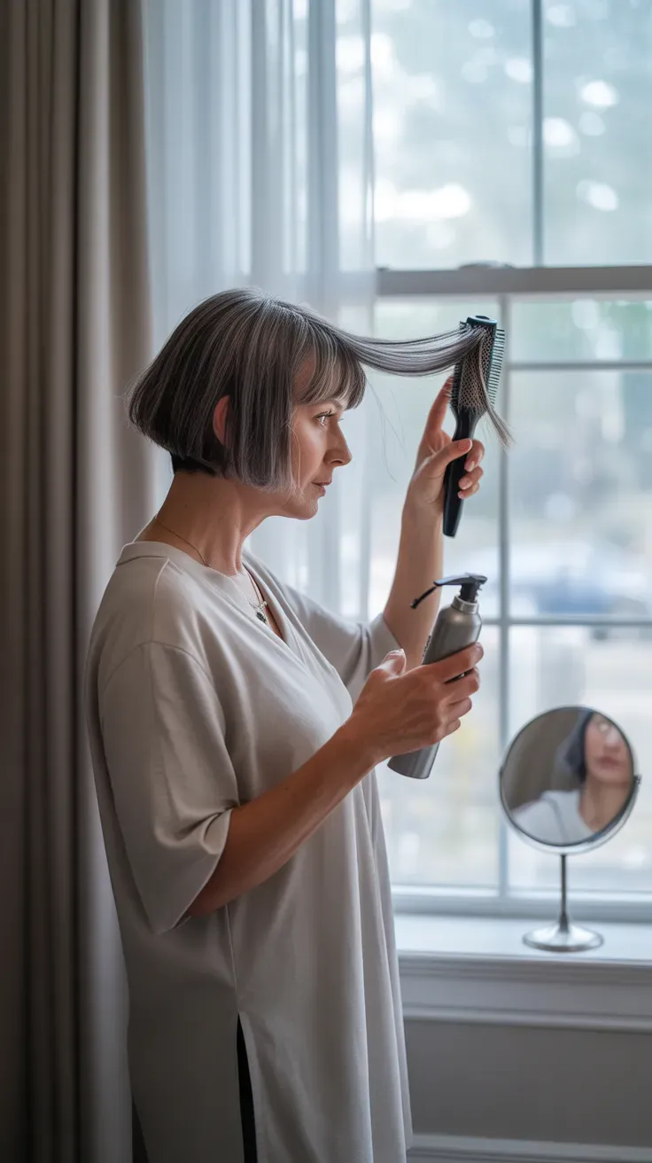 Short shag haircut with curtain fringe on woman over 50