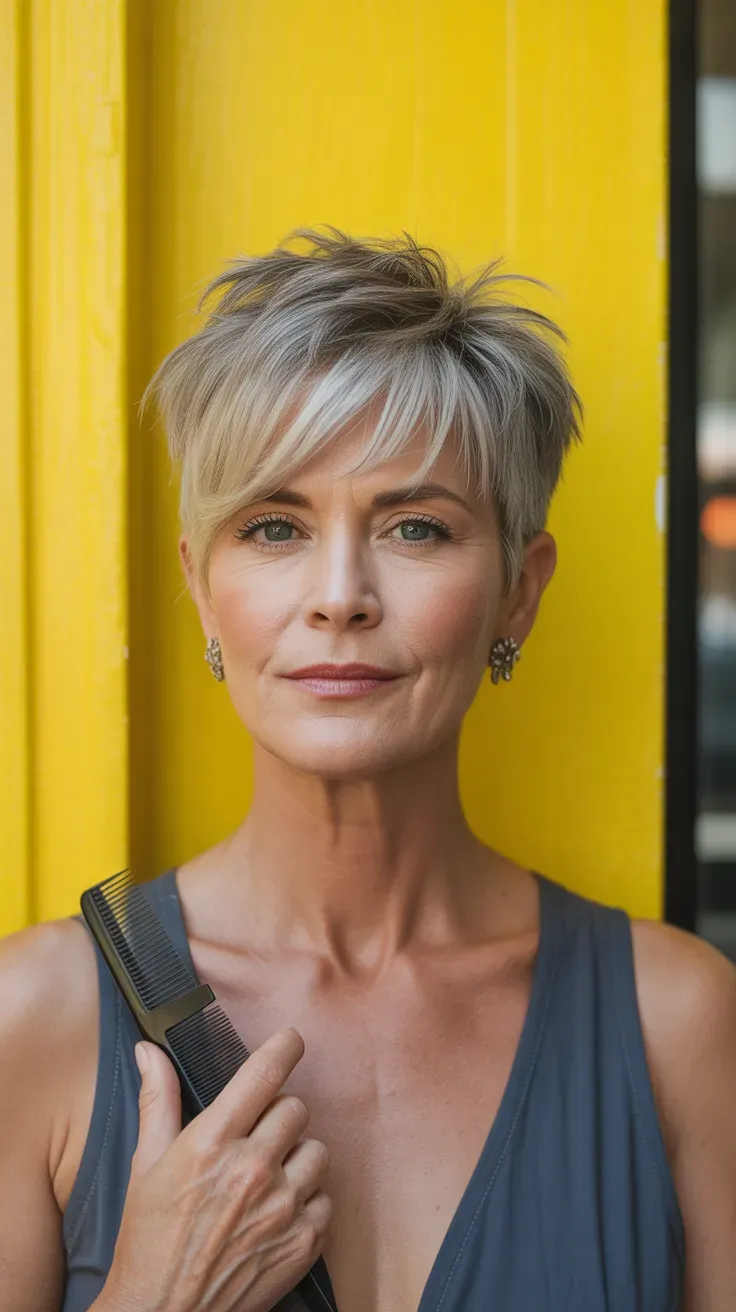 Ear-length pixie shag haircut on woman over 50 with cropped sides