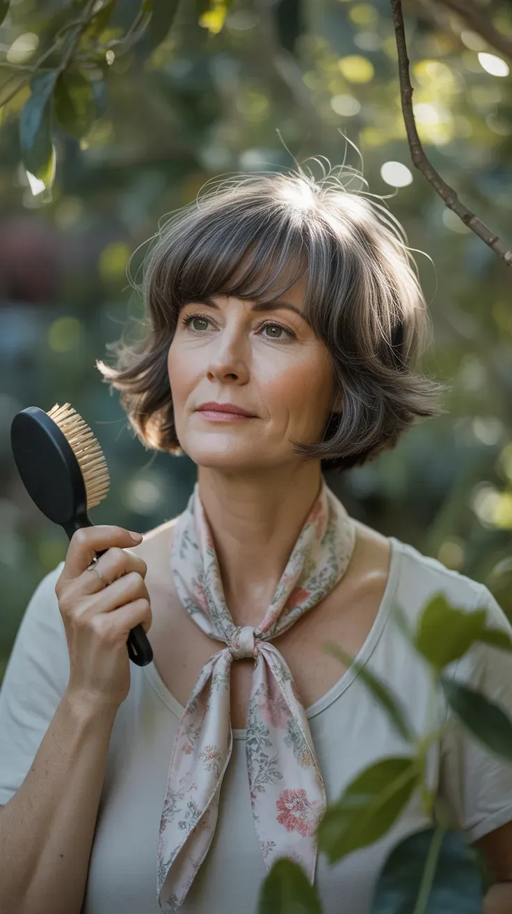 Short shag haircut with soft face-framing layers on woman over 50