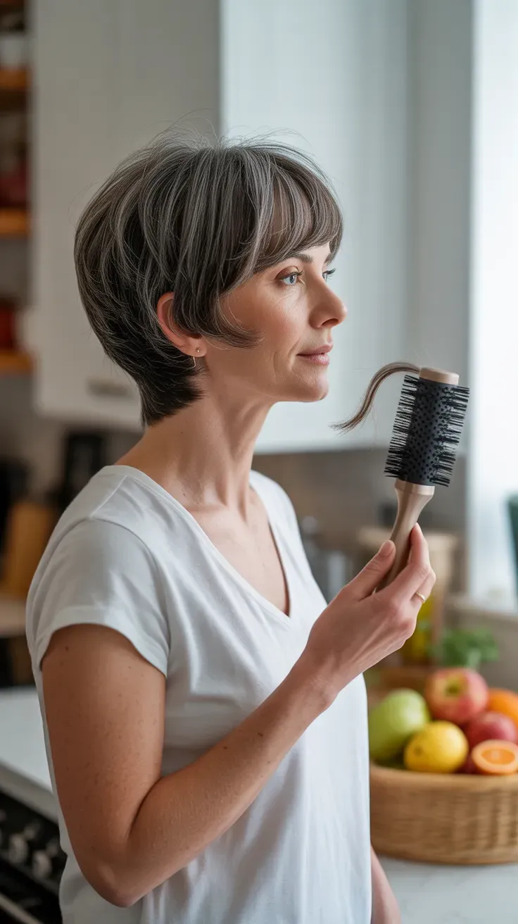 Short shag haircut with face-slimming layers on woman over 50