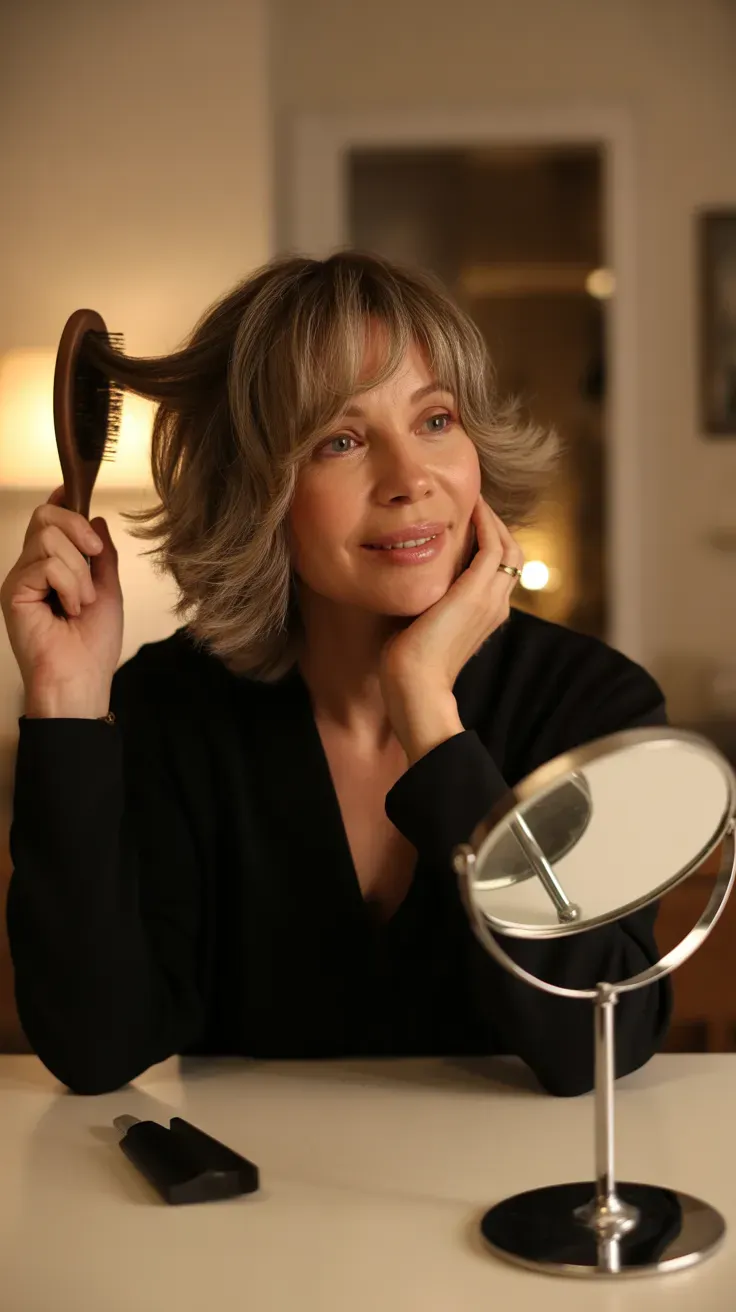 Jaw-length shag haircut on woman over 50 with layered ends