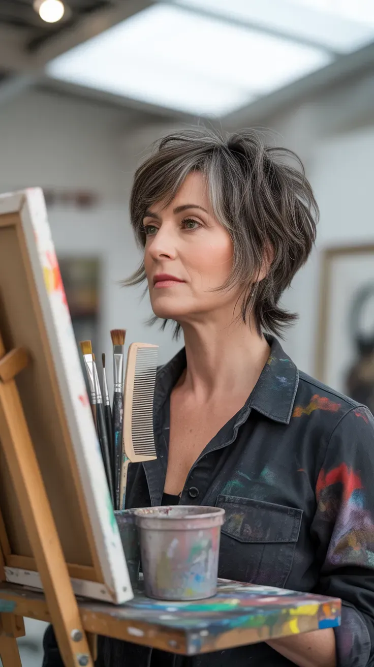 Long pixie shag haircut on woman over 50 with grown-out texture