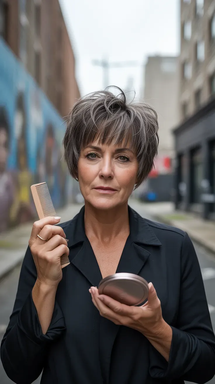 Piecey textured crop shag haircut on woman over 50 with defined pieces