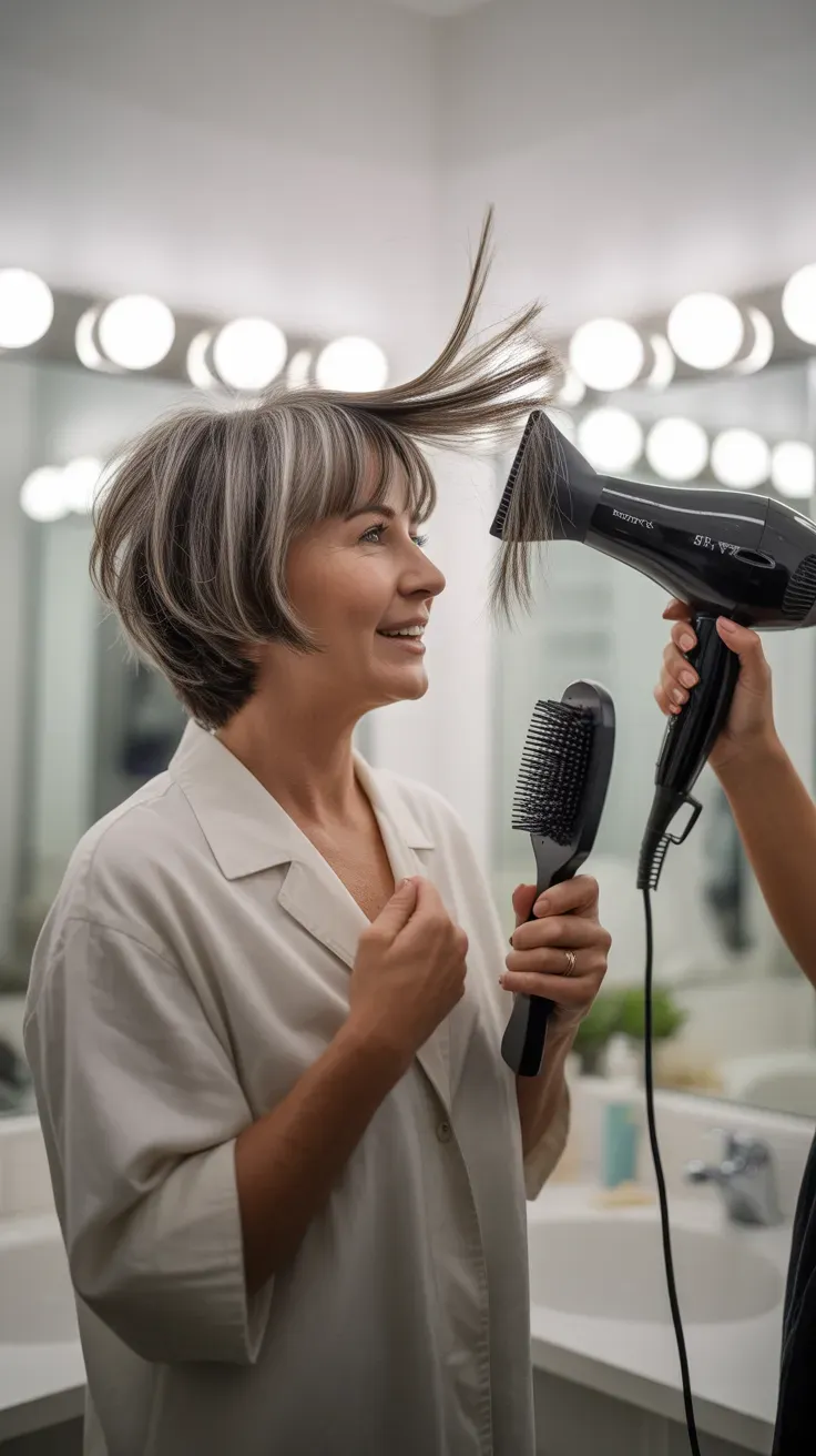 Short shag haircut styled with a root volume blowout on woman over 50