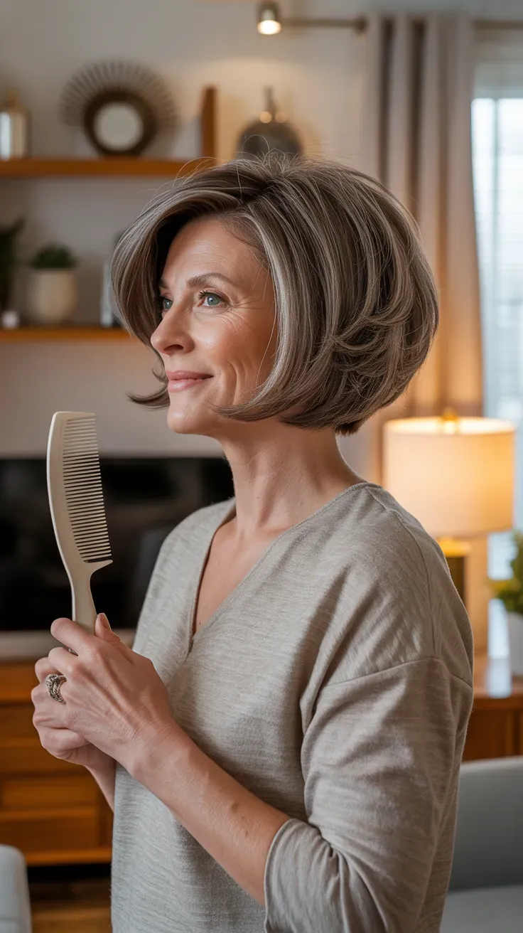 Rounded shag bob haircut on woman over 50 with soft curved shape