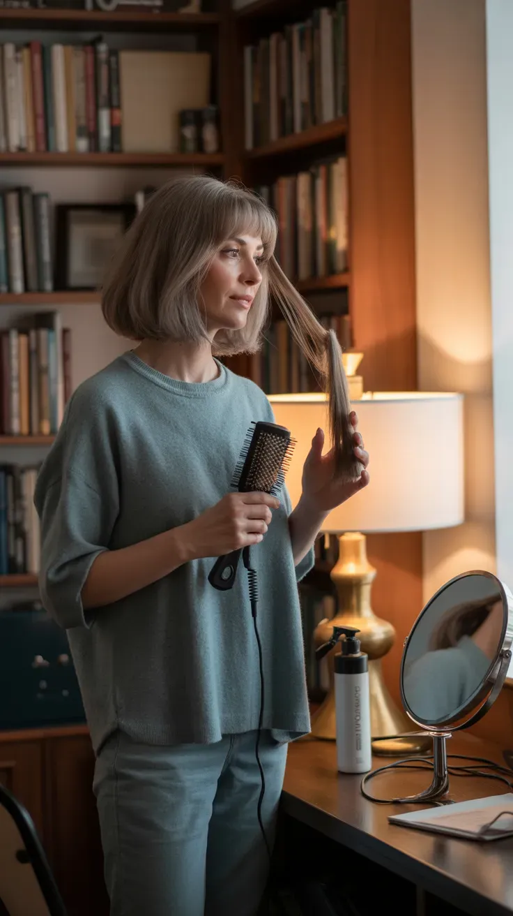 Side-swept shag haircut with soft bangs on a woman over 50