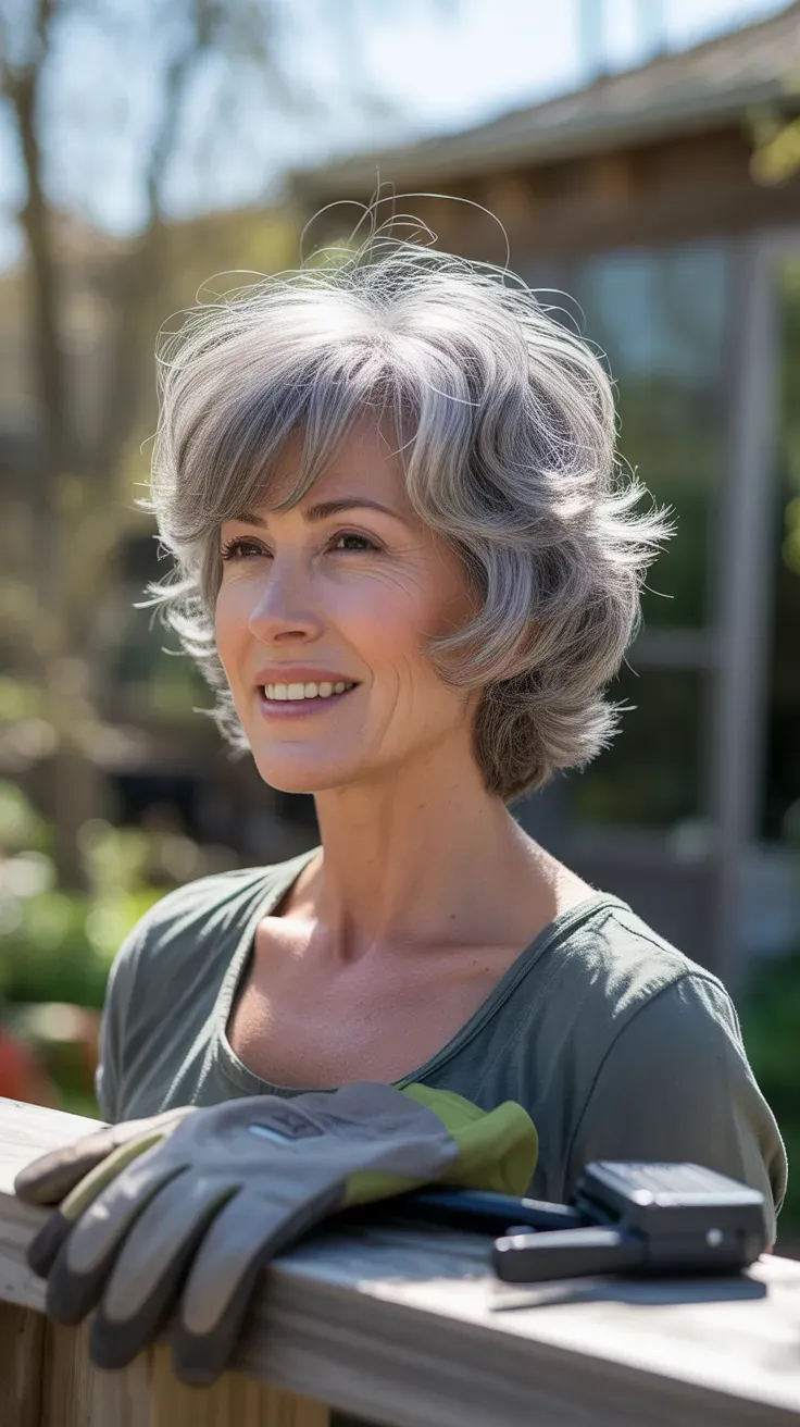 Textured silver shag haircut on a gray-haired woman over 50